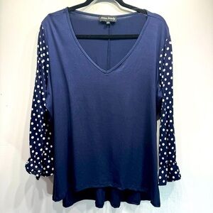 Navy Blue V Neck Polka Dot Ruffle Cuff Long Sleeves Knit Top Inner Beauty NEW